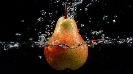 A vibrant green pear plunges into a splash of water against a black background, creating dramatic splashes and ripples around it. The water droplets and waves are frozen in mid-motion, 