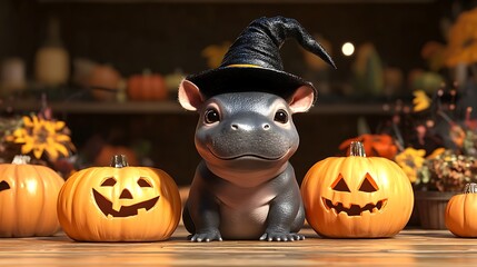 Wall Mural - 3d render of a cute baby pygmy hippo wearing a witch hat sitting next to carved pumpkins