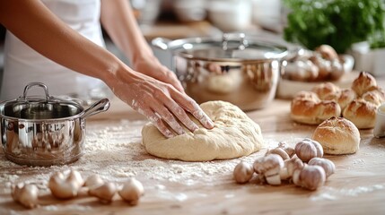 A hand kneads dough on a wooden surface surrounded by fresh ingredients