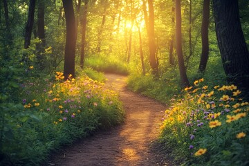 Serene forest path lined with wildflowers