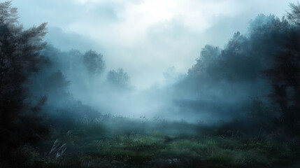 Wall Mural - A forest with foggy mist and trees