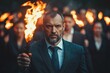 © Michael - Businessman holding a burning torch leading a crowd in the woods