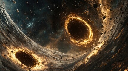 Wall Mural - Conceptual illustration of black holes merging in space depicted in a 3D cartoon rendering