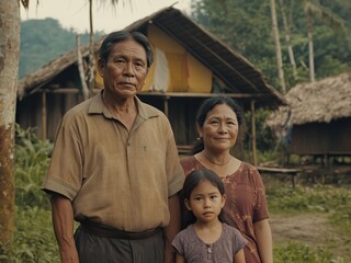 Indigenous Family Standing Outside Rural Home