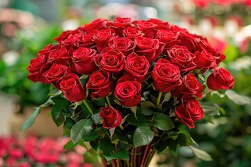 Luxury bouquet made of red roses in flower shop Valentines Bouquet of red roses