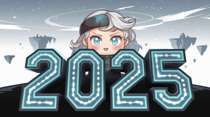 Futuristic Character Design: A stylized character in a tech-themed world, highlighted by luminous '2025' in a vibrant color palette. Ideal for event promotions.