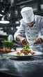 © EddieSnapix - In a dynamic restaurant kitchen, a talented chef meticulously arranges a gourmet dish, featuring fresh vegetables and herbs, for an exquisite dining experience