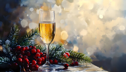 A glass of champagne is on a table with a bunch of berries and pine needles