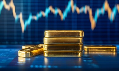 Gold bars stacked with stock market chart background