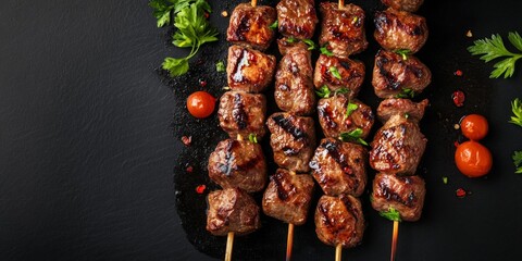 Sticker - Delicious grilled meat skewers arranged on a dark surface. Fresh herbs and cherry tomatoes add color. Ideal for cooking blogs or food magazines. Savor the flavors of grilled perfection. AI