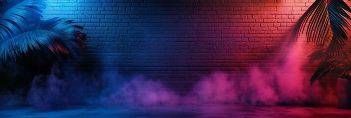 A dark, moody brick wall with neon blue and red lighting, casting shadows and creating an atmospheric backdrop with smoke. Perfect for product display, nightlife or urban themes.