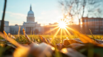 A sunlit scene captures the warm glow of autumn leaves on a grassy field near a domed building, embodying the beauty and transience of autumn mornings.