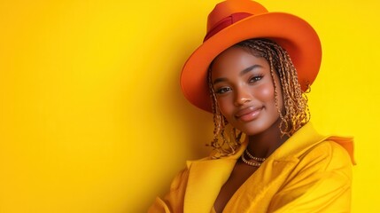 A stylish young woman poses against a bright yellow backdrop. Her orange hat and jacket add flair, while her serene expression exudes elegance and modern confidence.