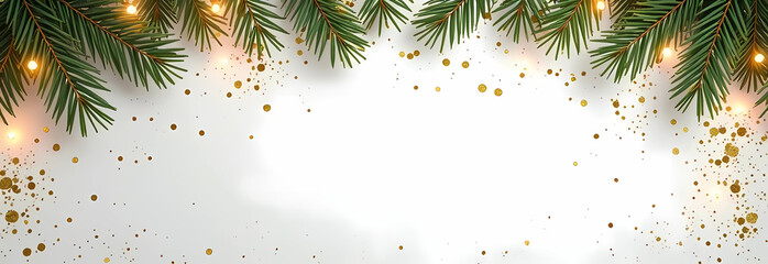 Christmas decorations border with fir branches and golden glitter confetti and sparkles of lights blur bokeh and white background