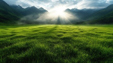 The sun rises gently over a mountain-framed valley, spilling radiant beams of light across the lush green landscape while casting long, dramatic shadows on the ground.