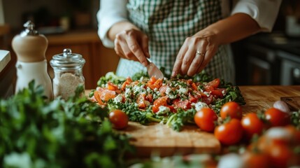 A chef wearing an apron meticulously cuts fresh vegetables, including tomatoes and herbs, on a wooden countertop, preparing a colorful, healthy salad.