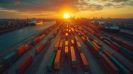 Aufkleber - The vibrant sunset bathes a busy shipping yard in warm colors as rows of shipping containers stretch alongside the riverbank, creating a picturesque harbor view.