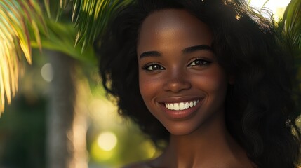 Radiating joy and beauty a closeup portrait showcases a cheerful African American woman with dark skin wavy hair and a captivating face She poses in a tropical villa : Generative AI