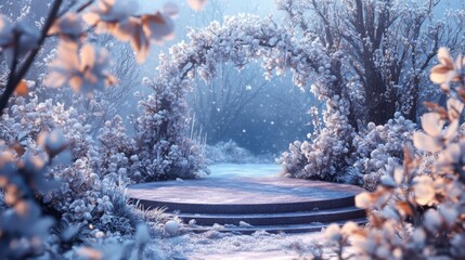 Poster - A beautiful archway adorned with frosted flowers invites visitors into a winter garden. The serene surroundings feature a snowy pathway, creating a magical atmosphere in the early morning light.
