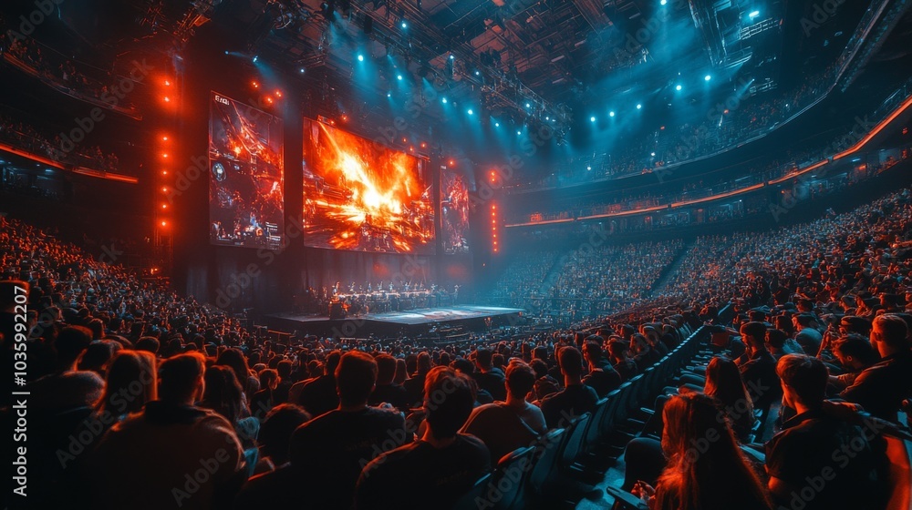 A large crowd gathers in a stadium, fully engaged in a thrilling ...
