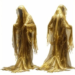 Two mysterious figures wearing golden cloaks are standing still, with a bright white background