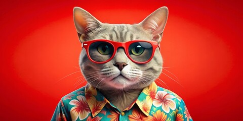  Cool Cat in Hawaiian Shirt, Digital Art, Portrait, Red Background, Cat, Hawaiian Shirt, Summer