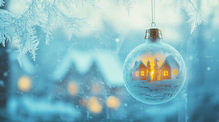 Delicate winter village ornament shines with warm candlelight against a frosty glass window