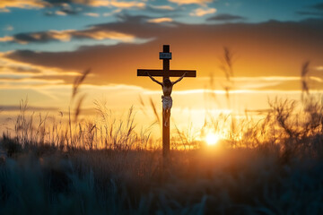 Silhouette jesus christ crucifix on cross on calvary sunset background concept for good friday he is risen in easter day, good friday jesus death on crucifix, world christian and holy spirit religious