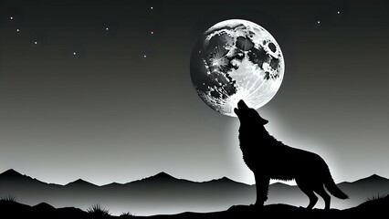  Silhouette of a wolf howling at the full moon, with mountains in the background.