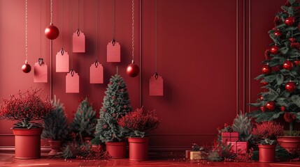 Poster - A cozy holiday setting features a vibrant red wall adorned with tags and decorations, accompanied by Christmas trees and festive potted plants, creating a cheerful atmosphere