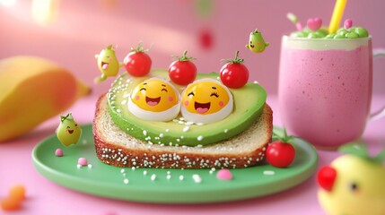 Wall Mural - Cute cartoon avocado toast with smiling eggs and a pink smoothie.