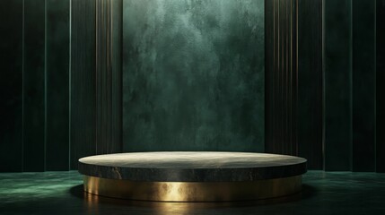 Poster - A sophisticated round pedestal stage is set against dark green textured walls, featuring a golden trim. The ambient lighting creates a tranquil atmosphere, perfect for presentations or performances.