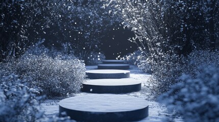 Aufkleber - A winding pathway lined with circular stone steps creates a tranquil winter atmosphere. Snow gently blankets the surrounding shrubs, while soft light illuminates the peaceful scene at night.
