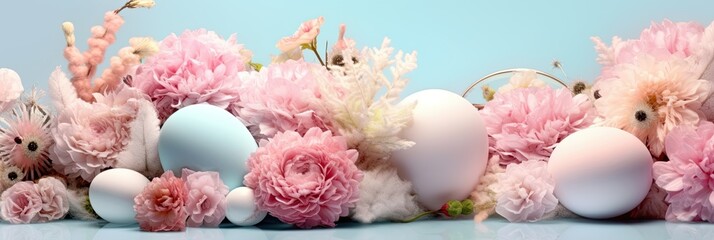 Poster - A charming display features pastel-colored eggs amidst soft pink flowers, creating a festive centerpiece ideal for springtime festivities