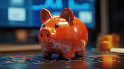 a piggy bank sitting on a table with financial graphs depicting savings