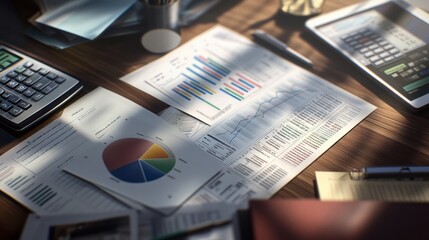 An overhead view of a desk with printed financial reports featuring pie charts and graphs, accompanied by a calculator and financial documents