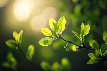 fresh green leaves illuminated by sunlight on a branch