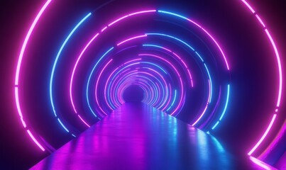 Abstract tunnel, corridor with rays of light and new highlights. Abstract blue background, neon. Scene with rays and lines
