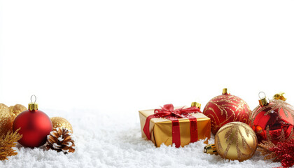 Wall Mural - festive christmas scene with gold and red gifts, ornaments, and pinecones on snow, evoking holiday c