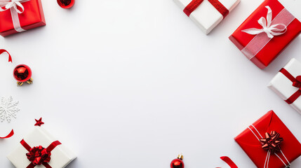 Wall Mural - red and white christmas gifts with ribbons and ornaments are arranged on white background, creating 