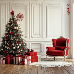 Wall Mural - beautifully decorated christmas tree stands beside luxurious red armchair in elegant room. festive a