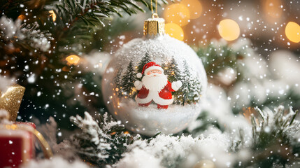 Wall Mural - festive christmas ornament featuring cheerful santa claus surrounded by snowy trees, hanging on deco
