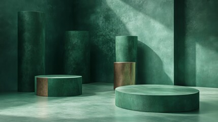 Fototapete - The setting features various cylindrical and circular pedestals in muted green tones against textured walls. Soft daylight filters in, casting gentle shadows across the contemporary interior.