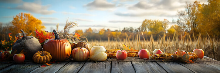 Wall Mural - Thanksgiving With Pumpkins Apples And Corncobs On Wooden Table With Field Trees And Sky In Background