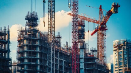 Construction cranes working on a high-rise building project with blue sky and clouds in the background.