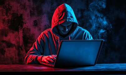 Hacker is using dark background laptop. Young man in hood doing online robbery.