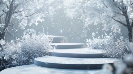 Poster - A tranquil pathway lined with fluffy snow and delicate icy branches, gently illuminated by soft light while snowflakes softly fall, creating a peaceful winter atmosphere in a serene landscape.