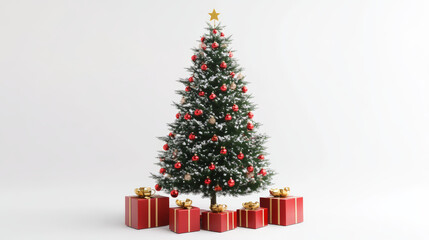 Wall Mural - beautifully decorated christmas tree stands adorned with red ornaments and golden star, surrounded b