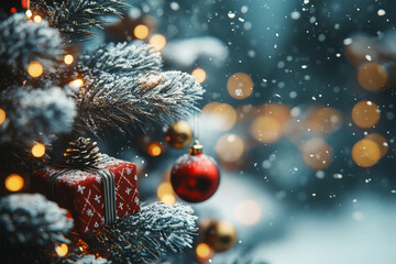 Wall Mural - beautifully decorated christmas tree with glowing ornaments and snowflakes creates festive and magic