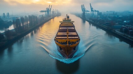 Aufkleber - A large cargo ship is moving steadily along a river at sunrise, surrounded by a serene mist. Cranes line the banks, adding to the industrial scenery.